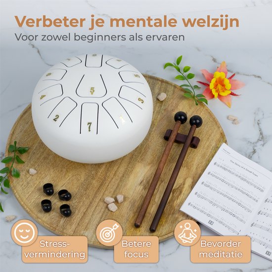 Nuvance - Handpan - Inkl. Lehrbuch, Fingertrommeln und Aufbewahrungstasche - Zungentrommel - Handpan-Trommel - Stahlzungentrommel - Weiß