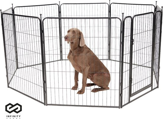 Infinity Goods Hundeauslauf - Welpenauslauf - 8 Paneele - 80 x 80 CM - 640 CM Umfang - faltbar - mit Tür - Stahl - Schwarz