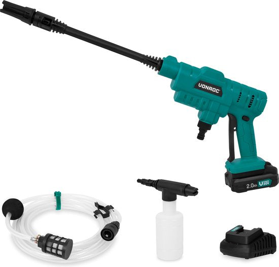 VONROC Accu Druckreiniger 20V - 24bar - 198 l/h - Inkl. 5m Saugschlauch, Reinigungsmittelflasche und verstellbare Düse - Inkl. 2.0Ah Akku und Schnellladegerät