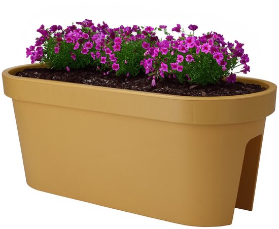 Pro Garden Balkon-Pflanzkübel/Blumentopf – ockergelb – 60 x 25 cm – oval – Kunststoff – Geländer/Zaun/Hängekübel