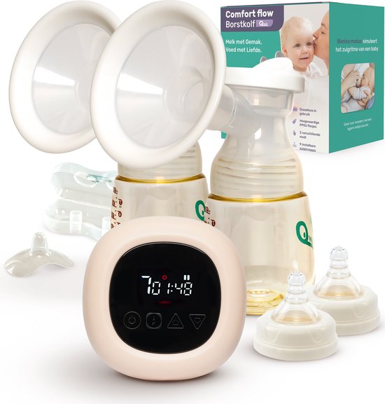 Qwali Comfort Flow® Elektrische Milchpumpe - BPA frei - Inkl. 2 Milchflaschen - Kabellos - Weiß