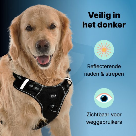 Jake & Jacky Hundegeschirr - Anti-Zug - Y-Form - Reflektierend - Verstellbar - Schwarz - XL