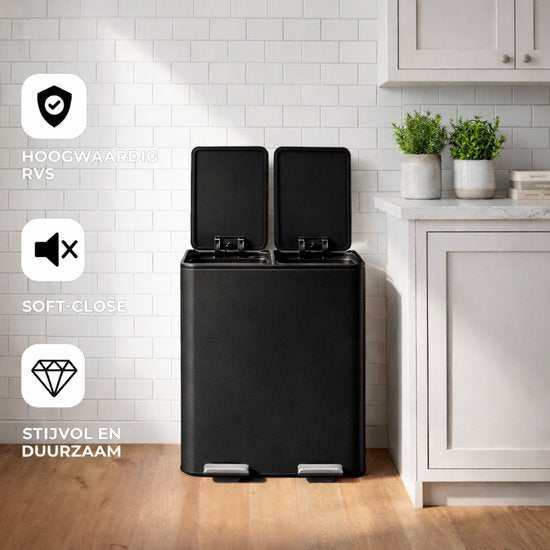Bayt Mülleimer - Mülleimer 60 Liter (2x30) - Mülleimer 60 Liter - Treteimer 60 Liter - Mülleimer Mülltrennung - Mülleimer 2 Fächer - Mülleimer - Edelstahl - Schwarz/Silber