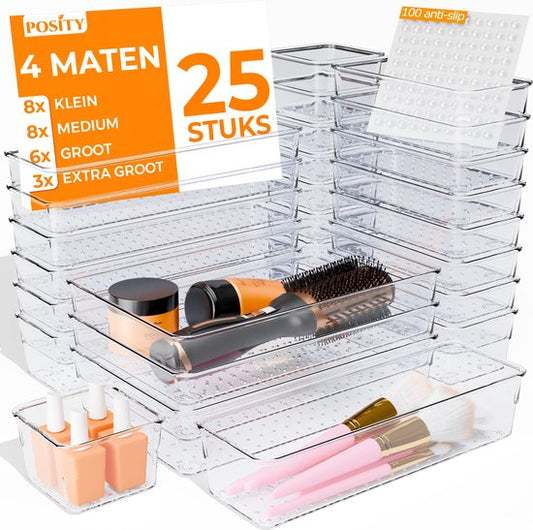 Posity Drawer Organiser - 25 Stück - Organizer Trays - Drawer Trays - Storage Trays - Make-up Organizer - Für Küche, Bad & Büro - Kunststoff - Transparent