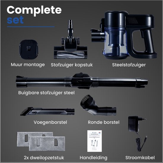 Saaf G90M Stabstaubsauger mit Wischfunktion - 8-teiliges Set mit biegbarem Stiel - 26,5Kpa - Staubsauger ohne Beutel - 200W - Kabellos - Schwarz