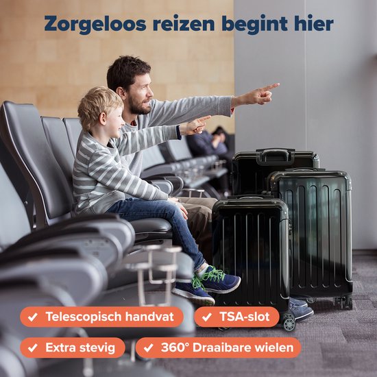 TRVLMORE - Kofferset - 3 Stück - 45L Handgepäck + 75L und 115L geräumiges Gepäck - TSA Schloss - Leichtgewicht - Reisekofferset - Schwarz