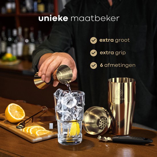 BarDeluxe® Cocktail Set - 3-teiliger 750 ml Cocktail Shaker mit Jigger & Stamper - Inklusive holländischem Rezeptbuch - Luxus Geschenk - Gold