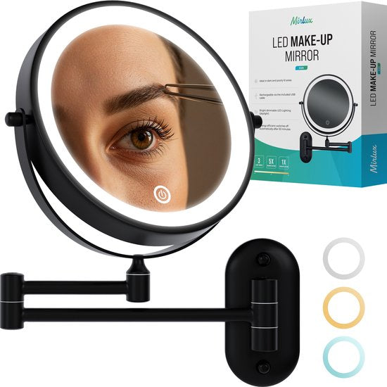 Mirlux Make-up-Spiegel mit Led-Beleuchtung - wiederaufladbar - 5-fache Vergrößerung - Vergrößerungsspiegel mit Licht - Rasierspiegel - Badezimmerspiegel - Schwarz