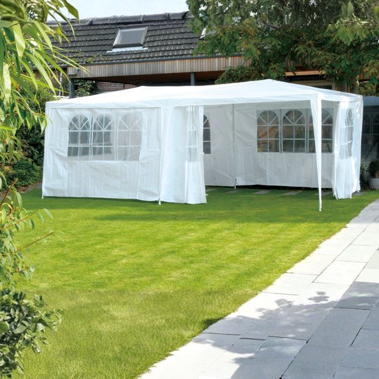 Kinzo Partyzelt 3 x 6 m – Zeltpavillon für 70 Personen – Gartenpavillon mit 6 Seitenwänden – Gartenzelt mit einer Firsthöhe von 2,5 m – Partyzelt, wasserdicht und UV-beständig – Weiß