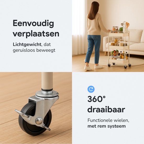 Küchenwagen auf Rädern - 3 Schichten - Küchenregal - Servierwagen - Schrank - Trolley - Aufbewahrung - Duschkabinen stehend - Regal - Beige - Luft