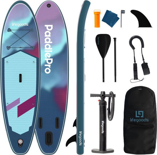 LifeGoods SUP Board All-round Compact - 100 KG Belastbarkeit - 300 x 76 cm - Aufblasbar - Komplettes SUP Paket - Blau/Lila