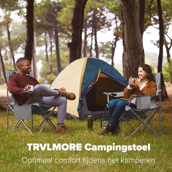 TRVLMORE Campingstühle - Zusammenklappbar - 2 Stück - Klappstühle - 150 kg Tragfähigkeit - Getränkehalter - Kühlfach - Seitentasche - Grau