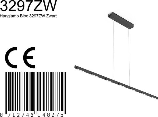 Hängeleuchte Bloc 3297ZW Schwarz mit höhenverstellbarem Kabelzug, Glas und Metall – Steinhauer