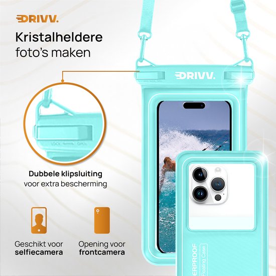 Drivv. Wasserdichte Luxus-Telefonhülle - schwimmend - Doppel-Clip-Verschluss - Telefone bis zu 6,8 Zoll - Unterwasser-Telefonhülle - Blau