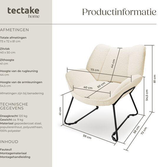 tectake Lounge Chair - Runder Sessel - Teddy Chair - Polstersessel - Bouclé-Polsterung - Plüsch-Lesesesessel - Skandinavischer Stil - cremeweiß