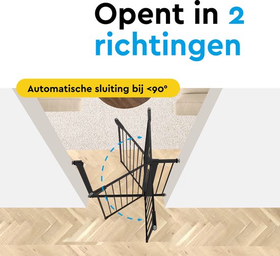 BRASQ Treppentor ohne Bohren - Sicherheitstor - Kindertor mit Verlängerung - 75 bis 93 cm - Ausziehbar - Klemmbefestigung - Metall - Hundetor - Schwarz