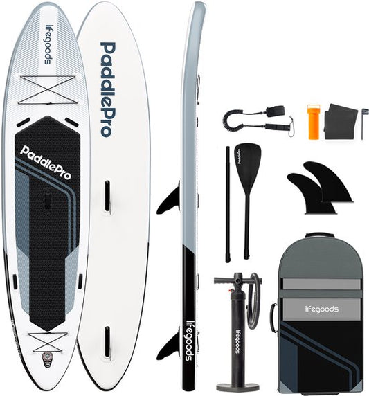 LifeGoods SUP Board Tandem - 2 Personen - 220 KG Belastbarkeit - 381 x 86 cm - Aufblasbar - Komplettes SUP Paket - Weiß/Schwarz