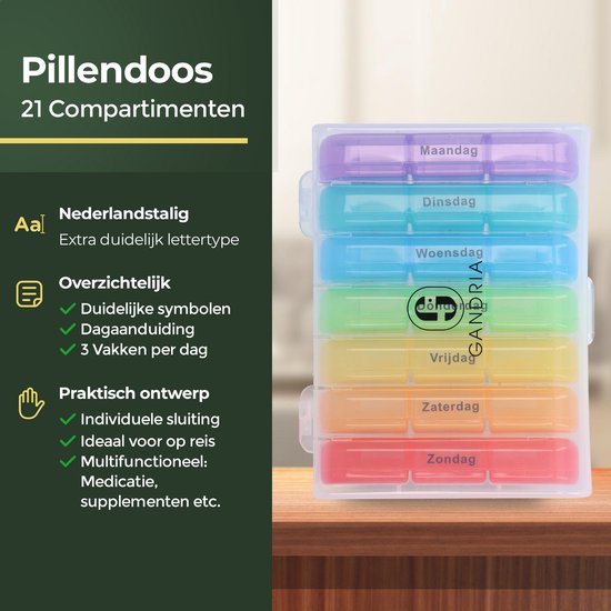 Gandria Pillenbox 7 Tage - Herausnehmbare Pillenbox - Medizinbox mit 21 Fächern - Medizinbox mit stabilem Verschluss - 3 Fächer pro Tag - 7 Farben