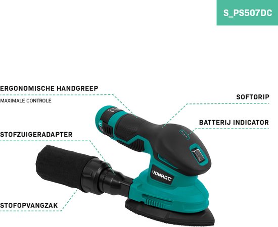 VONROC Akku-Schleifer 12V - Inkl. Akku, USB-Kabel und Schleifpapier