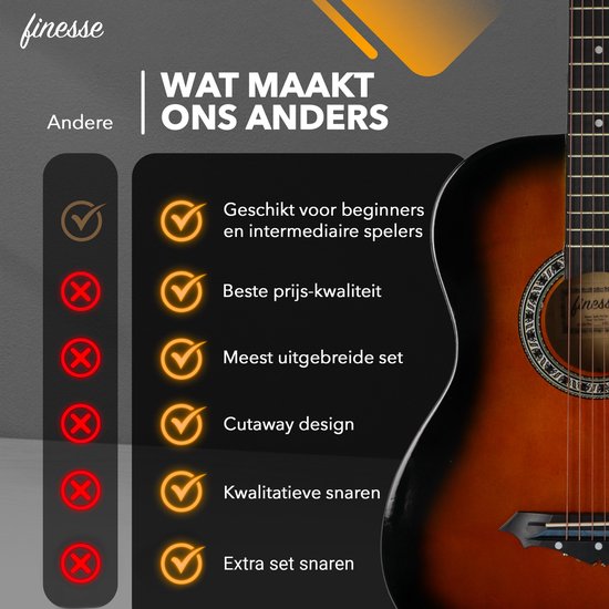 Finesse Western Akustikgitarre - Mit Videokurs - Für Kind & Erwachsener - Sunburst