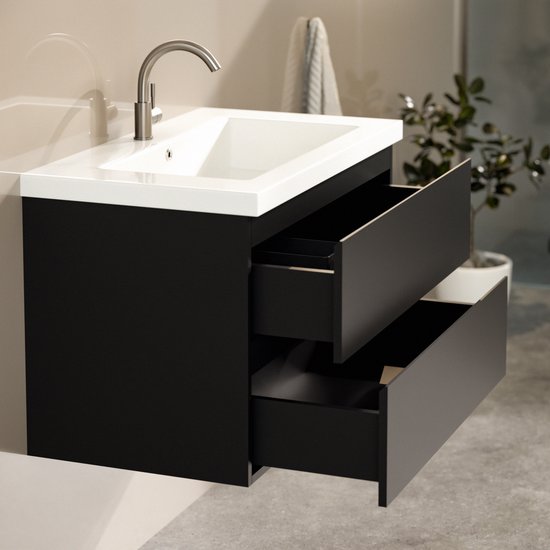 Mirlux Badmöbel Matte Schwarz 80 cm - Waschbecken Weiß - Badmöbel - Waschbecken Matte Schwarz