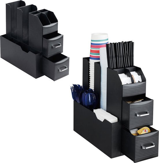 BRASQ Kaffee- und Tee-Organizer Schwarz - Platzsparender Küchen-Organizer mit 9 Fächern & 2 Schubladen - Coffee Station