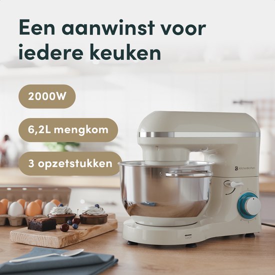 KitchenBrothers Küchenmaschine - Küchenroboter - 6.2L - Mixer mit Rührschüssel - Küchenmixer - 2000W - Champagner