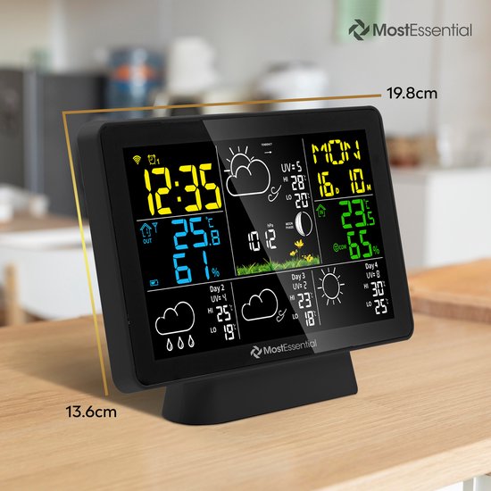 MostEssential Wetterstation Wifi Edition - Drahtlose Wetterstation mit Außensensor - Hygrometer - Innen und Außen - 150 Meter Reichweite - Inklusive App - Schwarz - 2 Sensoren