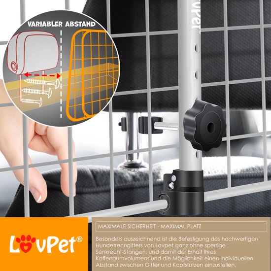LovPet® Hundehalterung Auto, Universal-Autotrennwand, verstellbare Breite, Kopfstütze Gepäckablage Kofferraumschutz Abmessungen HxB 30 x 91-153 cm , + 2x Sicherheitsgurt für Hunde - Schwarz