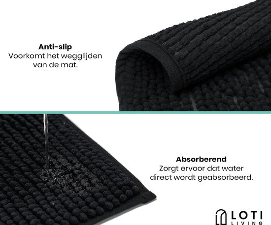 Loti Living Anti-Rutsch Badematte - Duschmatte - Badezimmermatte - Bodenmatte - Chenille Badematte - Schwarz - 50x80 cm