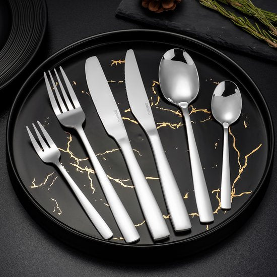 Deleca - 12 Personen Besteckset Essential (72 Teile) - Löffel, Messer, Gabeln, Steakmesser & Kuchengabeln - Spülmaschinenfestes Besteck - Glänzend Silber / Edelstahl