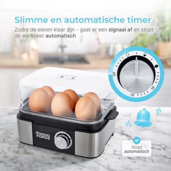 GoodForce Automatischer Eierkocher - Mit Timer - Mit Alarm - 6 Eier - Elektrisch - Inklusive Messbecher - Inklusive Eierstecher - Edelstahl - Spülmaschinenfest