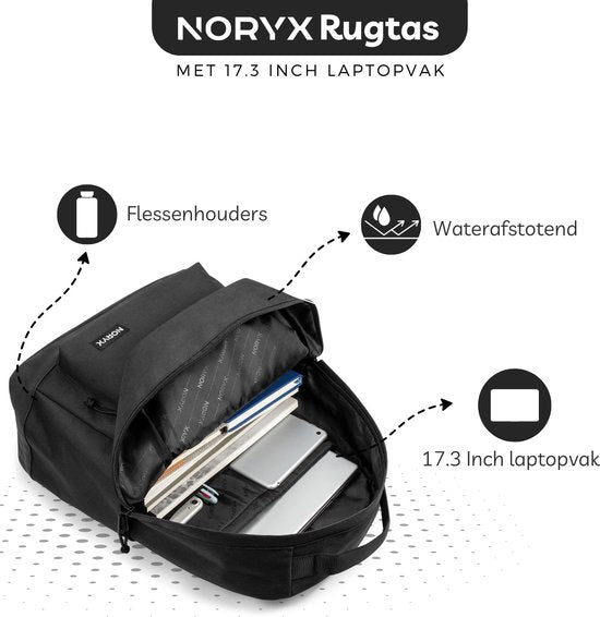 Noryx Origin Rucksack 27L - 15.6 Zoll - Laptop-Rucksack - Schultasche - Männer und Frauen - Spritzwassergeschützt - Schwarz