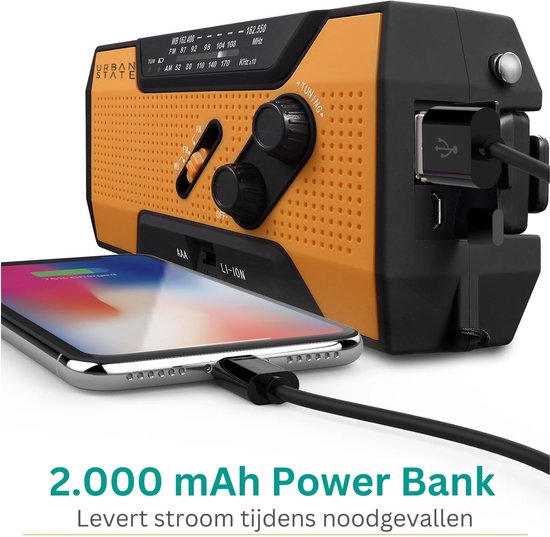 Urban State Notfallradio mit Aufwicklung und Batterie - Solarradio - Taschenlampe / Powerbank - Notfallradio mit Aufwicklung