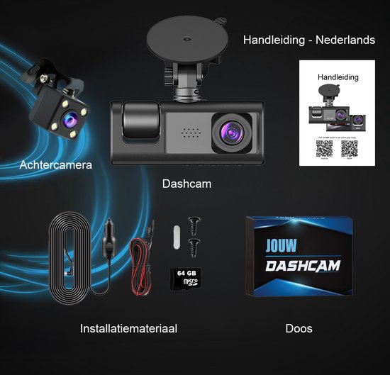 Tech Essentials® Dual Dashcam S1-Wifi für Auto - Mit Rückfahrkamera Universal - Full HD - Mit 64GB Micro SD Karte - Mit Nachtsicht - APP | Vorne und hinten