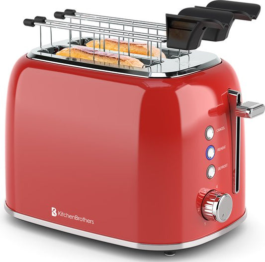 KitchenBrothers Toaster mit Toasty Clamps - Toaster - 6 Wärmestufen - Breite Schlitze - Toaster - 870W - Rot
