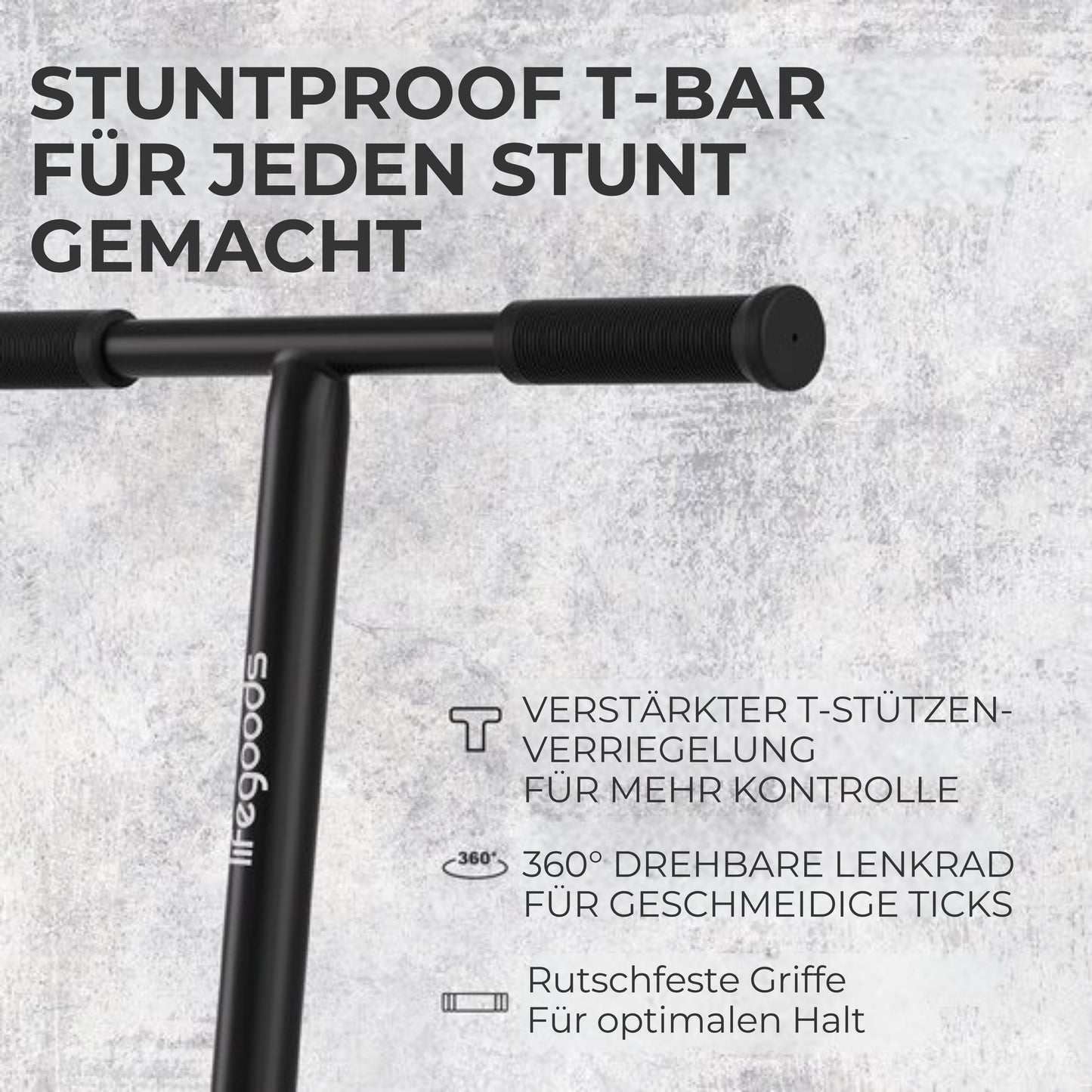 LifeGoods Stuntstep Pro X - T-Bar - HIC - Jungen/Mädchen - 110mm - 100KG - Schwarz