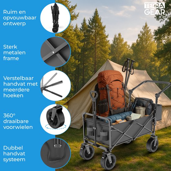 TerraGear Faltbarer Wagen - Wagen mit Dach und Griff - Schwarz - 120L Fassungsvermögen - 150KG Tragfähigkeit