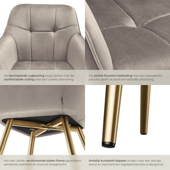 tectake Velvet Chair - Esszimmerstuhl mit gestepptem Samtstoff, moderne Küchenstühle, bequemer Sessel für Wohnzimmer, Esszimmer, Lounge - taupe / gold