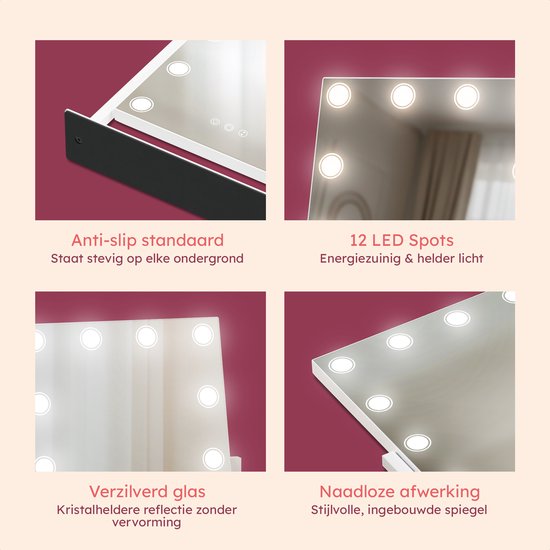 Fraay® Hollywoodspiegel mit Beleuchtung 41x30cm - 3 Lichtstufen - Schminkspiegel mit 10-facher Vergrößerung - LED-Spot-Beleuchtung dimmbar - inkl. Beauty Blender und Puderquaste