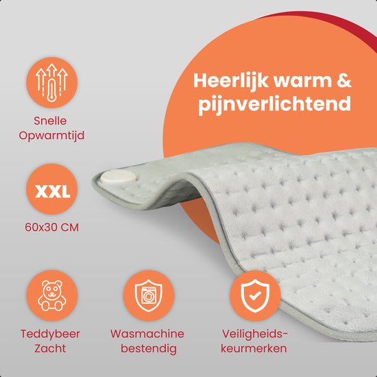 Seranova Elektrisches Wärmekissen für Rücken, Füße, Nacken, Schultern, Bauch - Heizkissen - Heizkissen - Waschbar - 60x30cm - Grau