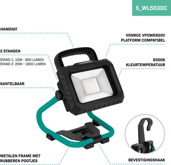 VONROC Akku-Bauleuchte 20V - LED - 20W - 2 Modi: 900/1800 Lumen - schwenkbar - breiter Abstrahlwinkel - Inkl. 2.0Ah Akku und Schnellladegerät