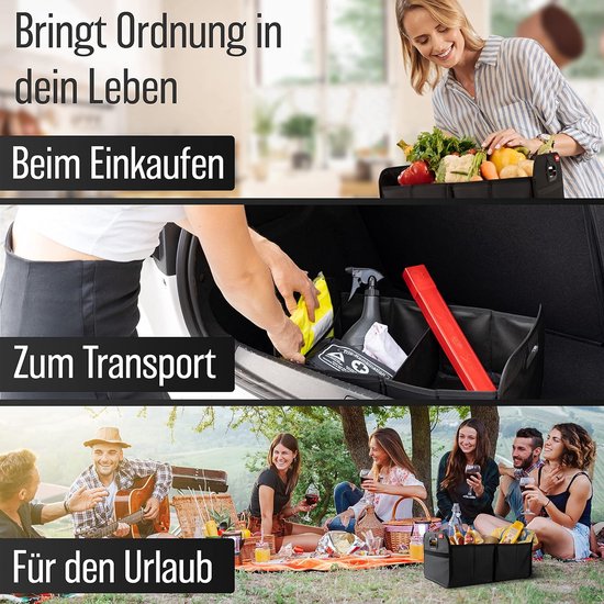HELDENWERK Kofferraumtasche, faltbar, verstärkt und stabil, Kofferraum-Organizer, Einkaufstasche zur praktischen Aufbewahrung, rutschfeste Auto-Faltbox, Kofferraumbox (schwarz)