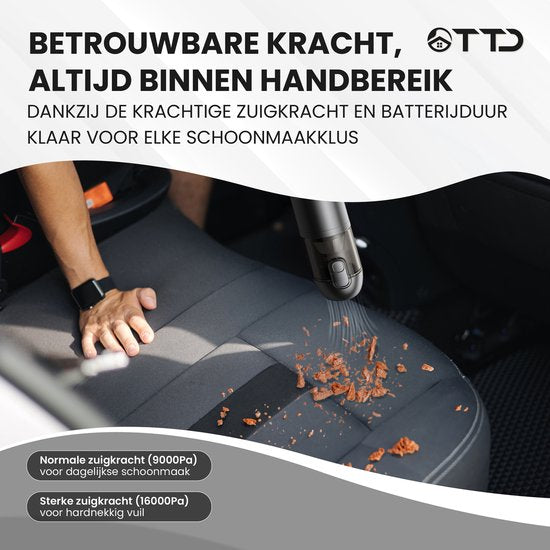 TTD® Premium Auto Staubsauger Kabellos und wiederaufladbar - 17.000 Pa - Handstaubsauger - Blasen & Saugen - Hitzebeständig - Kompaktes Design - Mit HEPA-Filter