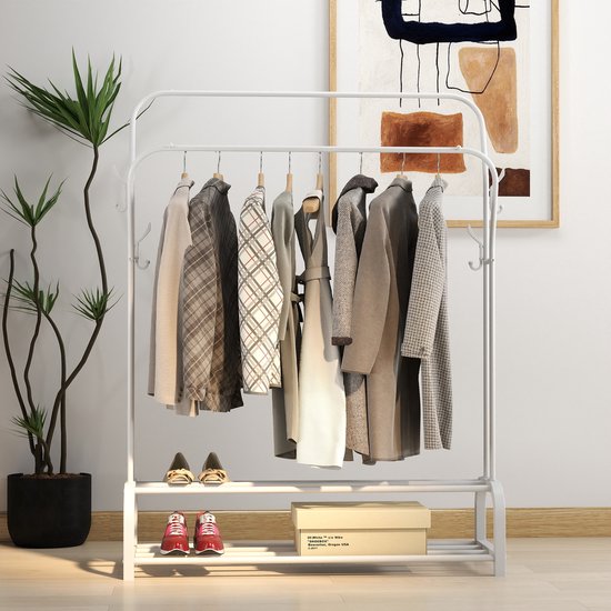 O'DADDY® Kleiderständer Metall mit doppeltem Schuhregal - Kleiderständer weiß - Kleiderständer - Kleiderständer doppelt - Kleiderstange - Garderobenständer - Kleiderständer doppelt - 110 x 33 x (137-157) cm - bis zu 25 kg pro Rohr
