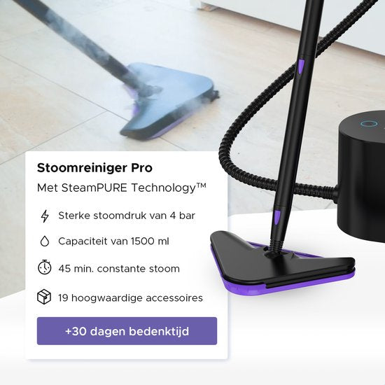 Motionflow Dampfreiniger PRO - Tiefenreinigung mit Heizfunktion - 1500W 1,5L Wassertank - Handdampfreiniger zur Tiefenreinigung von Boden, Sofa, Bad und Teppich - Teppichreiniger & Fleckenreiniger - Sitzreiniger - Schwarz