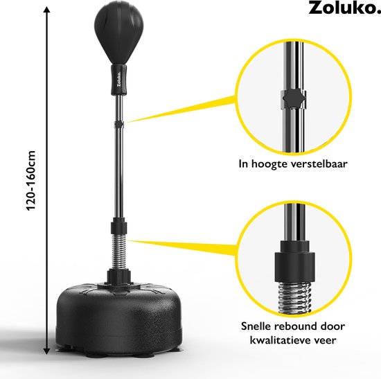 Zoluko Professional Boxing Ball on Foot - Inkl. E-Book - Verstellbare Höhe 120-160cm - Für drinnen und draußen - Boxtrainer - Boxing Ball on Stand - Boxing Set - Boxing Ball Standing - Boxen - Home Sports - Boxing Pole - Schwarz