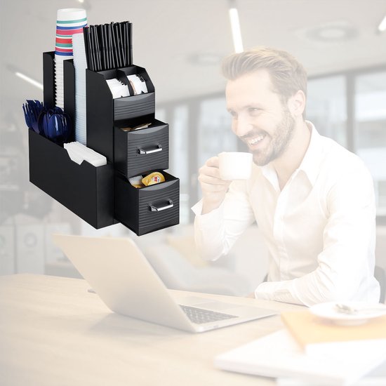 BRASQ Kaffee- und Tee-Organizer Schwarz - Platzsparender Küchen-Organizer mit 9 Fächern & 2 Schubladen - Coffee Station