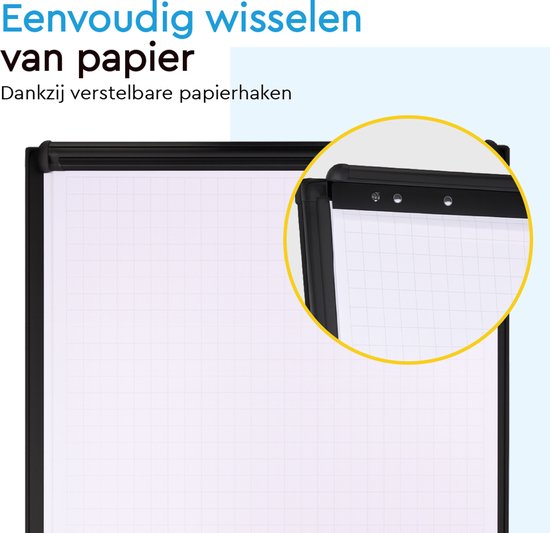 BRASQ Flipchart Mobile Deluxe -70x100 cm - Verstellbares Whiteboard - Inklusive 25 Blatt Papier und Zubehör - mit ausziehbaren Armen - Magnettafel mit Haken - Magnettafel - Schwarz