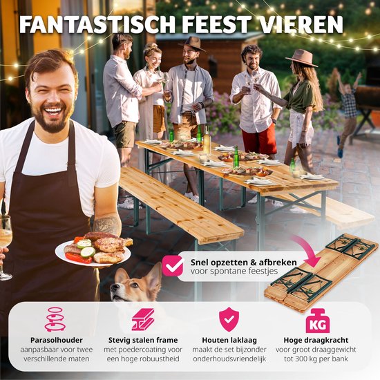tectake Bierzeltgarnitur mit Tisch und 2x Bierbänken, mit Sonnenschirmhalter - Bierzeltgarnitur, Balkonmöbel mit 1x Klapptisch und 2x Bierbänken, klappbar, 170 x 46 x 78 cm, lackiert